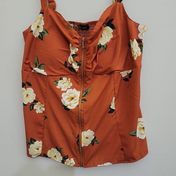 NEW GLORY Orange Floral Print Center Zip Tank Top, Large - Picture 2 of 13